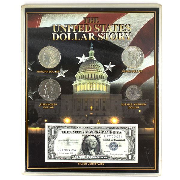 *USA Dollar Story 4-coin Set with $1 Silver Certificate in Acrylic Display Frame