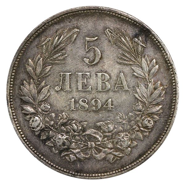 Bulgaria Silver 1894-KB 5 Leva Almost Uncirculated. Natural Mauve Hues Throughout
