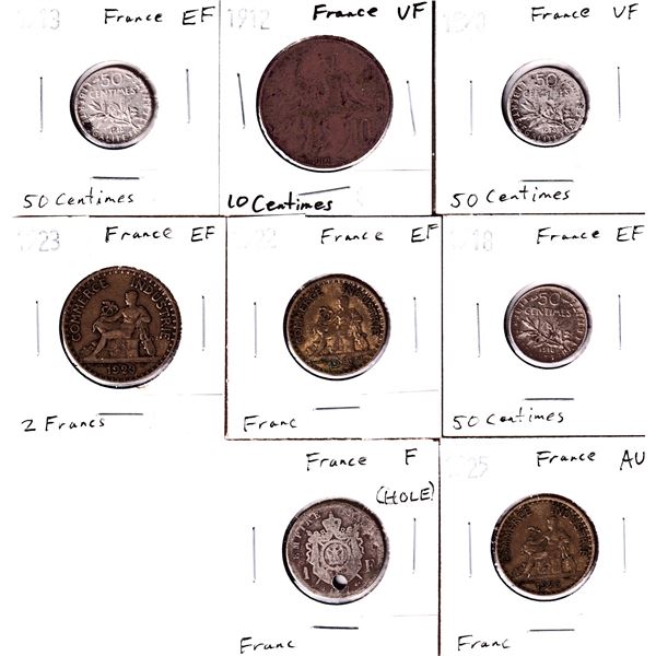 France 1898-1925 Coinage in Fine to AU with One Unknown Date. 8pcs