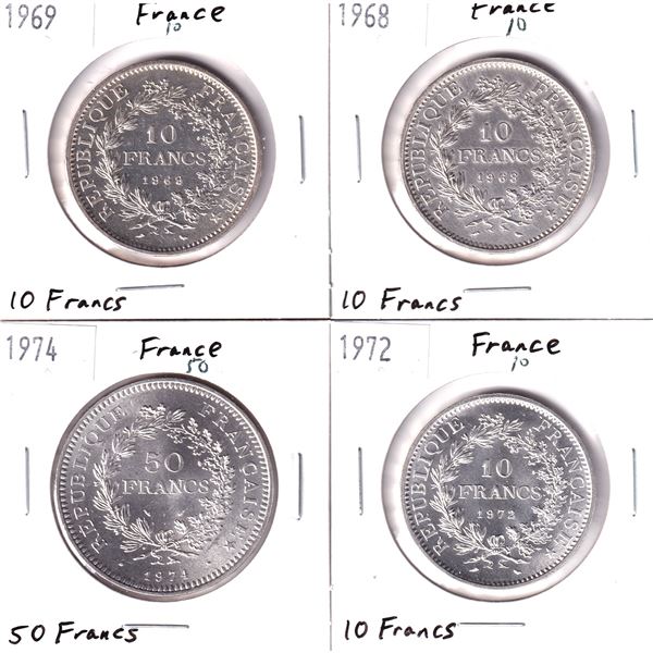 France Silver 1968, 1969, 1972, & 1974 10 Francs. 4pcs.