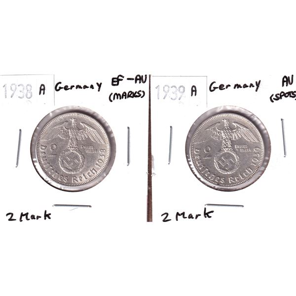 Germany Silver 1938A EF-AU & 1939A AU 2 Mark. 2pcs.