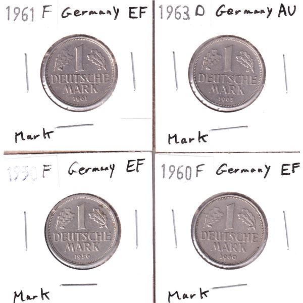 Germany 1950F EF, 1960F EF, 1961F EF, &1963D AU Mark Coins. Pale Golden Tones Throughout. 4pcs.