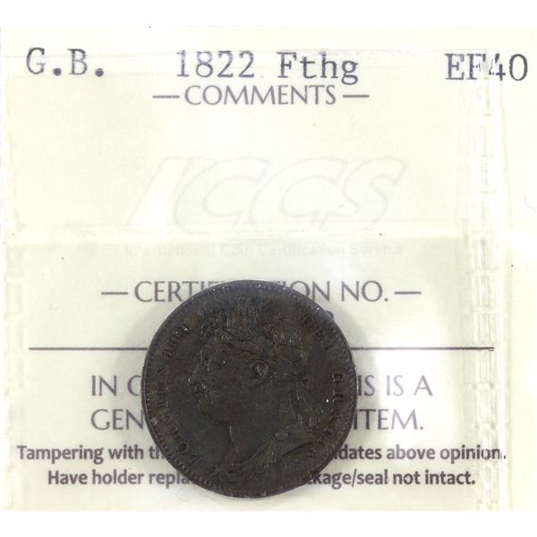 Great Britain 1822 Farthing  ICCS Certified EF40