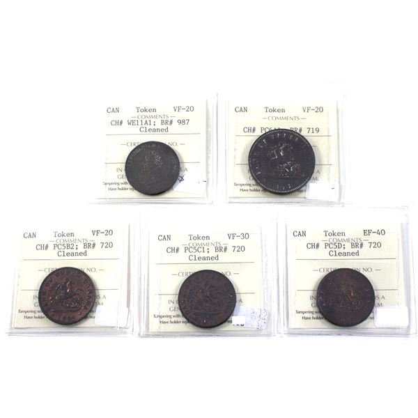 Lot of 5x 1812-1857 Canada Bank Tokens ICCS Certified VF-20 to EF-40. Includes 1812 Charlton WE11A1 