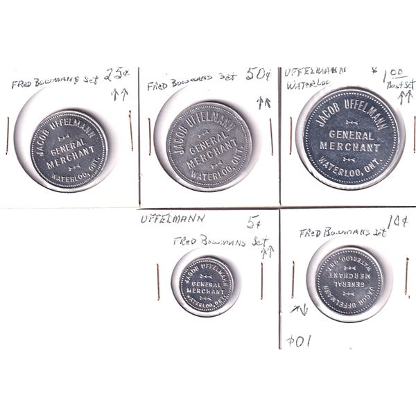 5x Canada, Waterloo ON-Jacob Uffelman Merchant Tokens Brilliant Uncirculated. 5pcs.