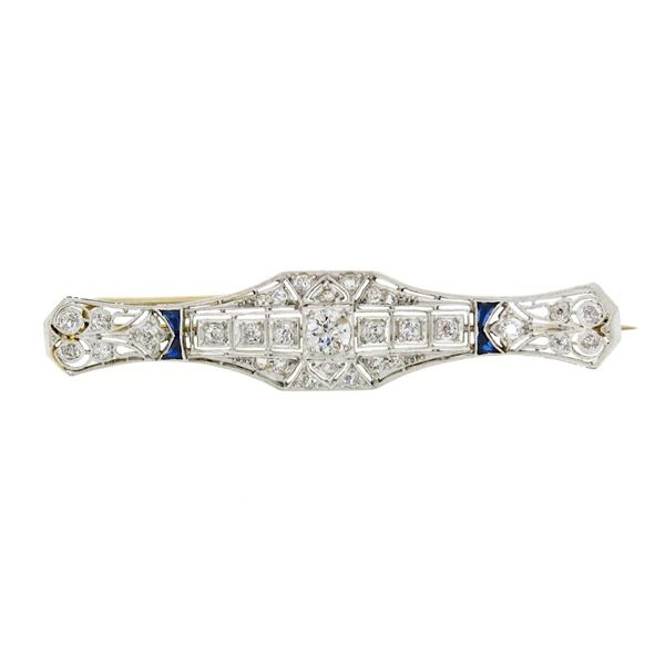 Antique Art Deco Platinum Diamond & Sapphire Milgrain Filigree Bar Pin Brooch