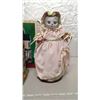 Image 5 : Cat in bonnet and dress. Stands 11” tall. One glass paw broken, glued + ornamental Christmas house, 