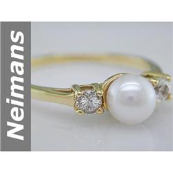 Classic 5.5MM Akoya Pearl & White Sapphire Ring 14L YG