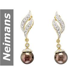 9.5 MM Black Tahitian Pearl & Diamond Earrings 14kt Gold