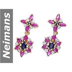 4.64 ct Blue & White Sapphire & Ruby Earrings 14kt Gold