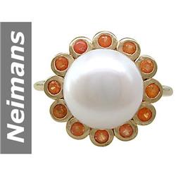 10 MM Akoya Pearl & Orange Sapphire Ring 14kt Gold