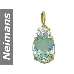 9.5 MM Green Amethyst, Diamond Pendant 14kt Gold