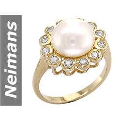10 MM Akoya Pearl & White Sapphire Ring 14kt Gold