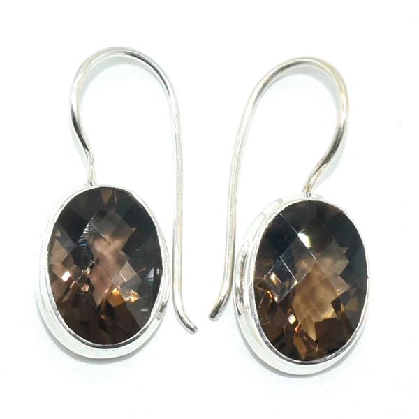 Silver Smokey Quartz(12.6ct) Hand Made Earrings (~weight 5.9g) Silver NEW