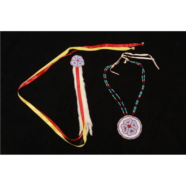 Plateau Fully Beaded Medallion Necklace & Pin 20th
