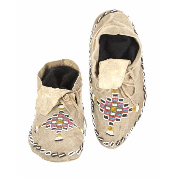 Cheyenne Beaded Hide Hard Sole Moccasins c. 1880