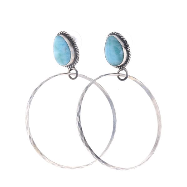 Navajo Elouise Kee Silver & Larimar Hoop Earrings