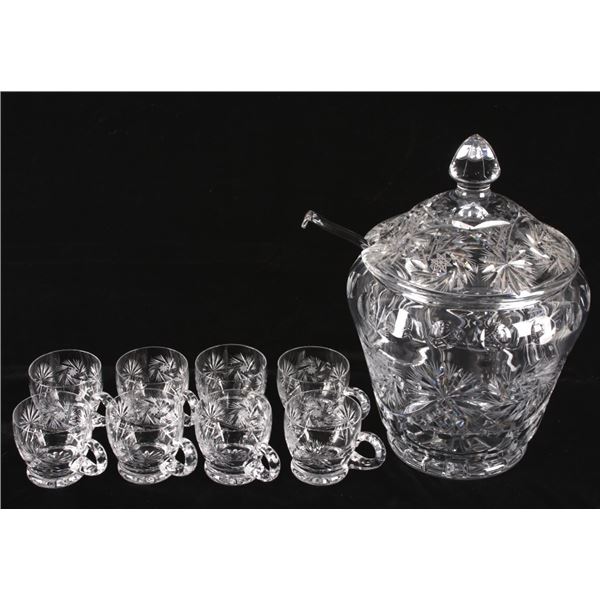 German Cut Crystal Punch Bowl w/ Ladle & Cups