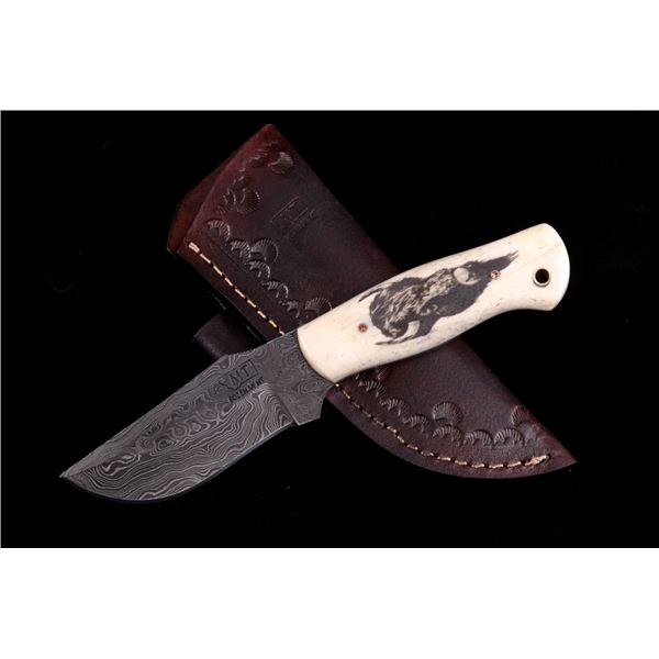 Montana Territory Buffalo Scrimshaw Damascus Knife