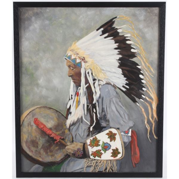 Original Drumming Native Man Oil Painting Watson