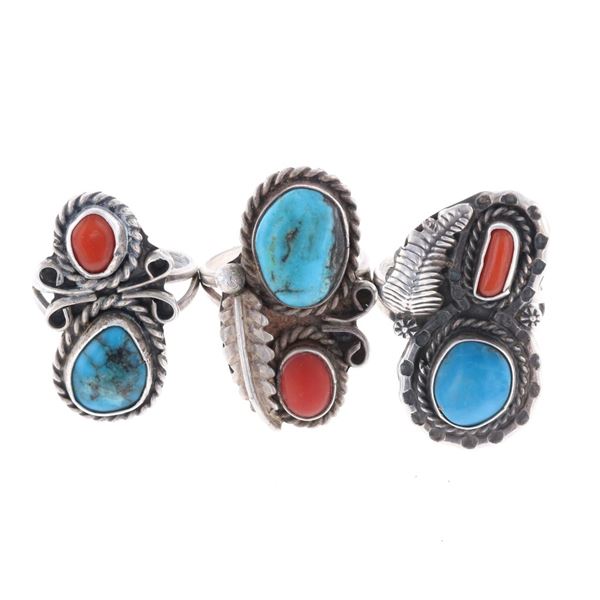 Navajo Silver Turquoise & Red Branch Coral Rings