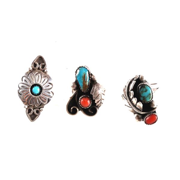 Navajo Silver Turquoise & Red Branch Coral Rings