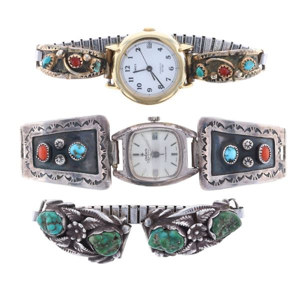 Navajo Silver & Gold Turquoise & Coral Watches (3)
