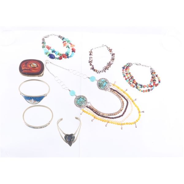 Mexican Silver & Stone & Shell & Leather Jewelry