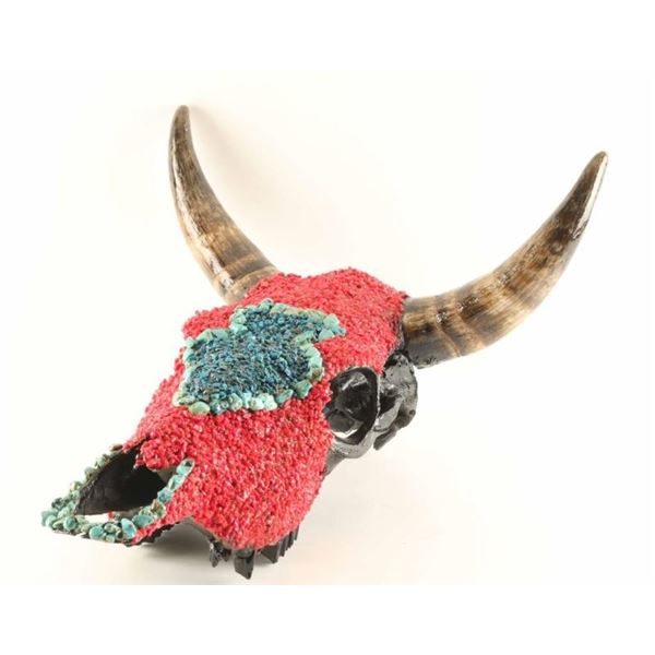 Coral & Turquoise Incrusted Bull Skull