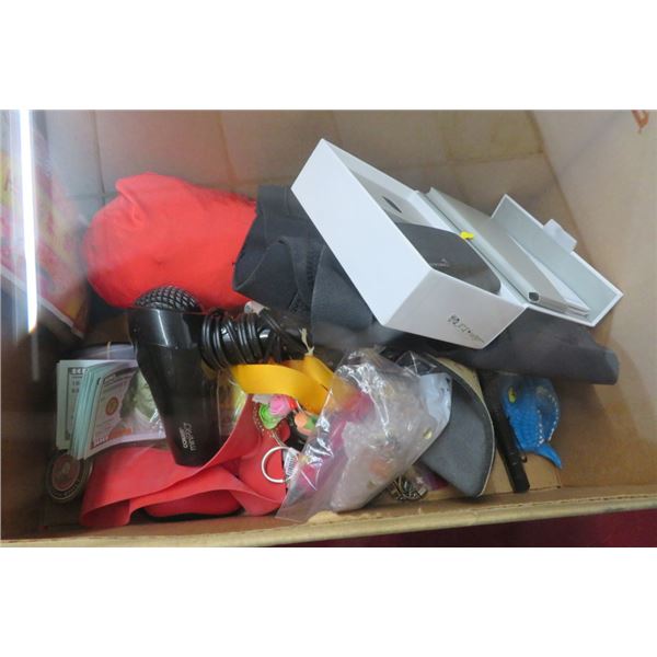 Box Lot of Asst. Toys, Hair Dryer, Key Chains