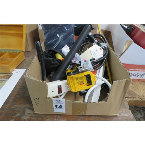 Box Lot of Tire Pump, Dewalt Drill & Ext. Cords