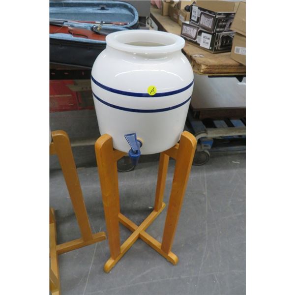 Painted Ceramic Beverage Dispenser On Stand