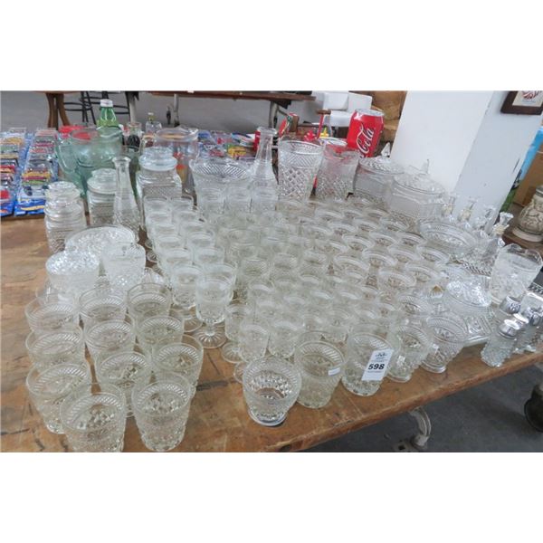 Lot of Pressed Crystal Punch Bowl, Glassware &