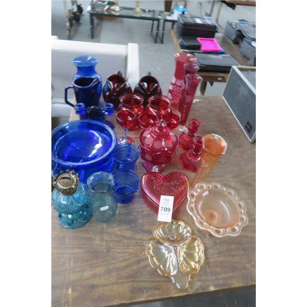 Blue, Red Glass Vases & Stemware