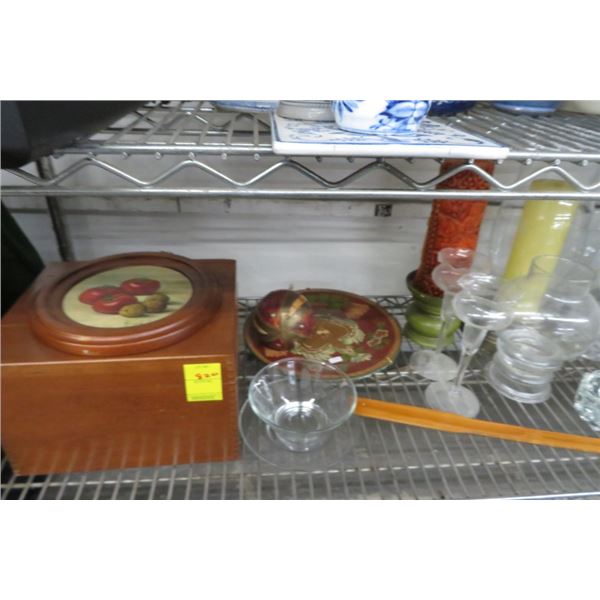 Shelf Lot of Wood Box, Glass Bowls, Candle Holders ,