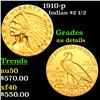 1910-p Gold Indian Quarter Eagle $2 1/2 Grades AU Details