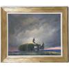 Image 1 : AN OIL ON CANVAS OF A FARMER HAYING AT SUNSET