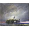 Image 2 : AN OIL ON CANVAS OF A FARMER HAYING AT SUNSET