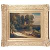 Image 1 : AN OIL ON CANVAS OF MEN BY A FOREST STREAM FISHING AND HUNTING