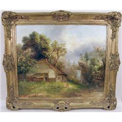 A FRAMED OIL ON CANVAS DEPICTING A BUCOLIC LANDSCAPE