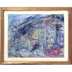 A FRAMED WATERCOLOR OF A CITYSCAPE