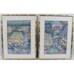 TWO CHINESE VILLAGE SCENES PAINTED ON FABRIC