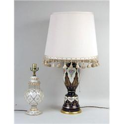 AN ORNATELY-PAINTED AMETHYST GLASS LAMP