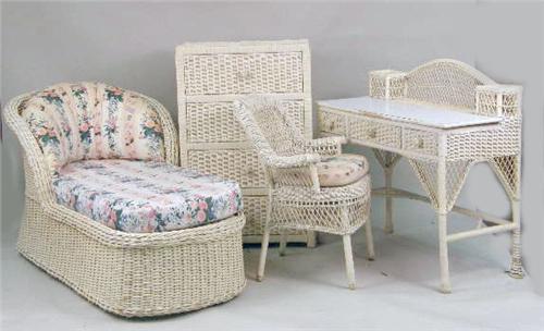 An Assembled Group Of Ivory Painted Wicker Girl S Bedroom Furniture