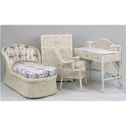 AN ASSEMBLED GROUP OF IVORY-PAINTED WICKER GIRL`S BEDROOM FURNITURE