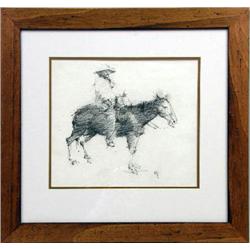 A PENCIL SKETCH OF A MOUNTED COWBOY