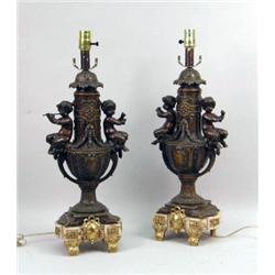 A PAIR OF LOUIS XVI-STYLE PATINATED-METAL AND MARBLE FIGURAL LAMPS