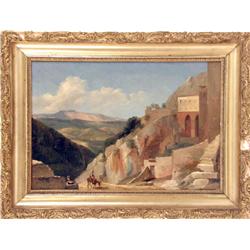 AN OIL ON CANVAS OF A SOUTHERN ITALIAN LANDSCAPE WITH PEASANTS BY A HILL TOWN