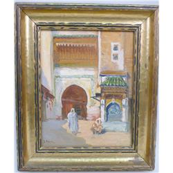 AN ORIENTALIST OIL ON CANVAS OF A MIDDLE EASTERN STREET SCENE