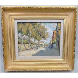 A PASTEL ON PAPER OF A STREET SCENE